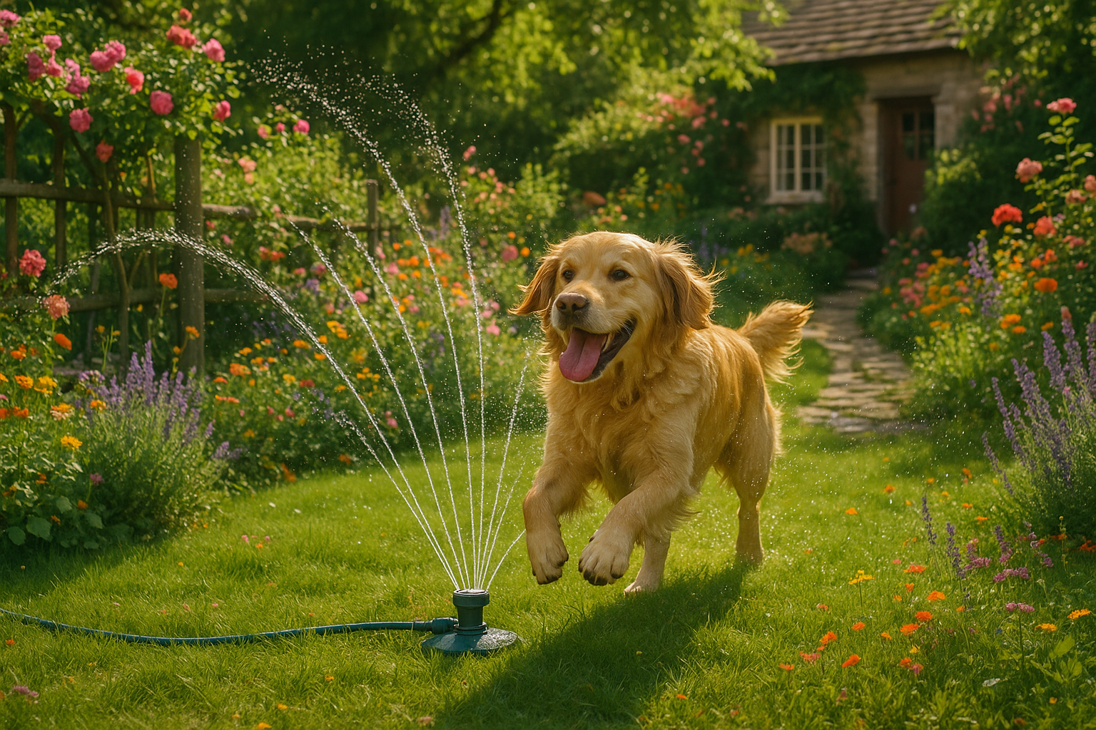 realistic image of a dog running through a sprinkler in an idyllic cottage garden